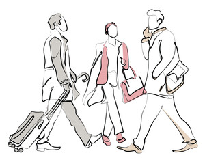 hand drawn line art vector of people on business trip. Official tour. Travel for business. Continuous line art contour.