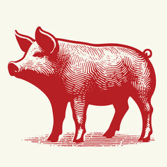 Red pig silhouette for meat industry or farmers market hand drawn stamp effect vector illustration