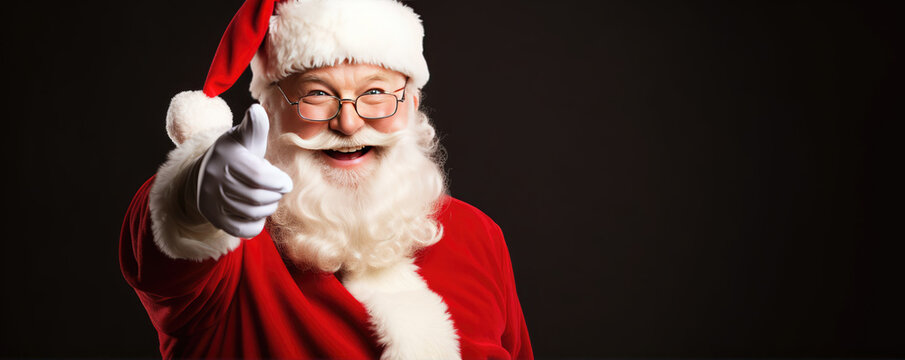 Portrait of the Santa Claus pointing his finger and smile for the camera .