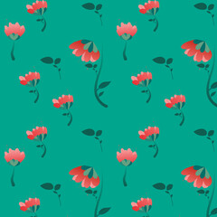 red flower  seamless pattern illustration on a cyan background