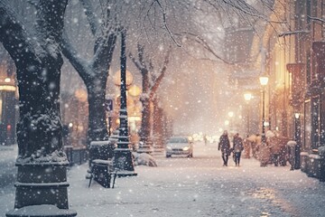 On a cold winter night, the city is illuminated by the soft glow of street lamps, creating a beautiful and serene snowy landscape. - obrazy, fototapety, plakaty