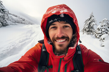 Fototapeta na wymiar A young man with a beard enjoys an adventurous winter trek throu