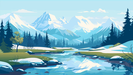 Summer landscape with mountains, river and forest. Vector illustration. Beautiful landscape for print, flyer, background. Travel concept. - obrazy, fototapety, plakaty