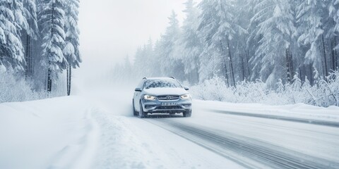 A car speeding down a snowy road, surrounded by a breathtaking winter landscape of snow-covered mountains and a dense forest. Emphasize the sense of motion and adventure - obrazy, fototapety, plakaty