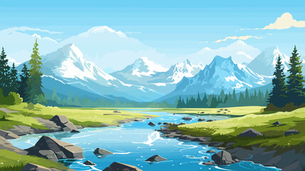 Summer landscape with mountains, river and forest. Vector illustration. Beautiful landscape for print, flyer, background. Travel concept.