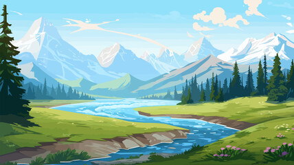 Summer landscape with mountains, river and forest. Vector illustration. Beautiful landscape for print, flyer, background. Travel concept.