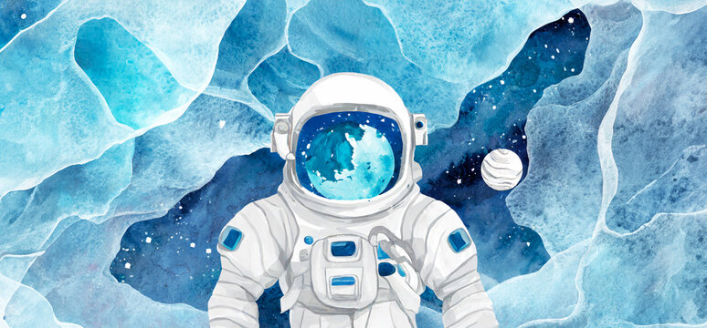illustrazione di astronauta che fluttua nello spazio, pianeta riflesso nella visiera del  casco