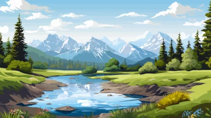  Summer landscape with mountains, river and forest. Vector illustration. Beautiful landscape for print, flyer, background. Travel concept. © xxstudio