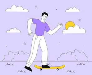 Man at skateboard vector line concept