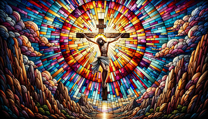  The Crucifixion of Jesus Christ in Stain Glass Window.