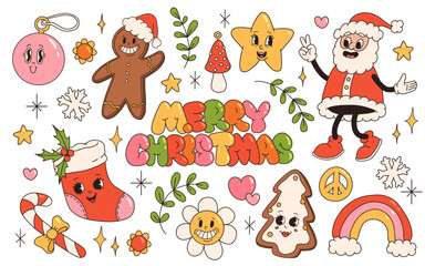 Groovy hippie Christmas stickers. Santa claus, sock, peace, holly jolly vibes, flower, winter, rainbow, gingerbread in trendy retro cartoon style. Character groovy 50s, 60s, 70s - obrazy, fototapety, plakaty