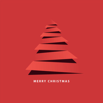 Vector illustration Merry Christmas modern design in paper cut style with Christmas tree, gift, pine branches on red background. Christmas card, poster, holiday cover or banner.