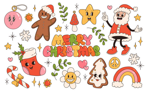 Groovy hippie Christmas stickers. Santa claus, sock, peace, holly jolly vibes, flower, winter, rainbow, gingerbread in trendy retro cartoon style. Character groovy 50s, 60s, 70s