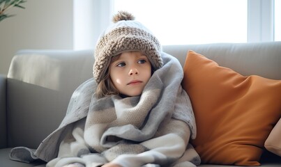 Toddler girl wear hat wrapped in plaid sit alone shivering from cold on sofa, heated apartment without heating due debt. Unhealthy child feeling discomfort try to warming up