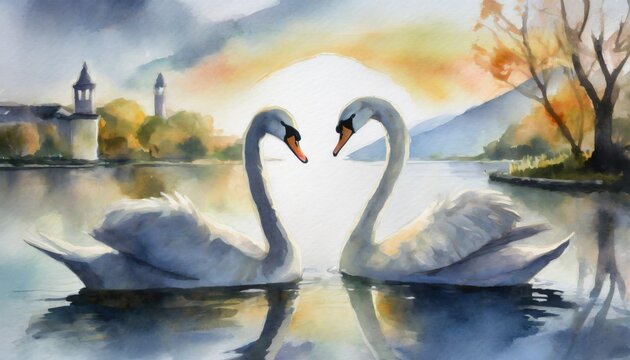 Swans in the sunset, face to face, painting, watercolor style background