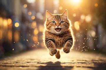  Happy cat jumping with funny expression. ai generative © Igor