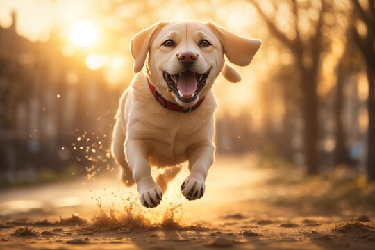 Happy labrador dog jumping with funny expression. ai generative