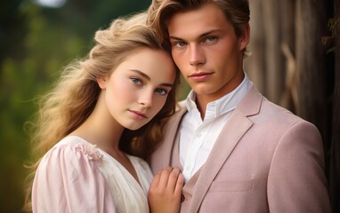 Fototapeta premium Close up photo of a young love vibe couple. Tranquil forest path, wooden cabins, wild berry bushes, babbling brook