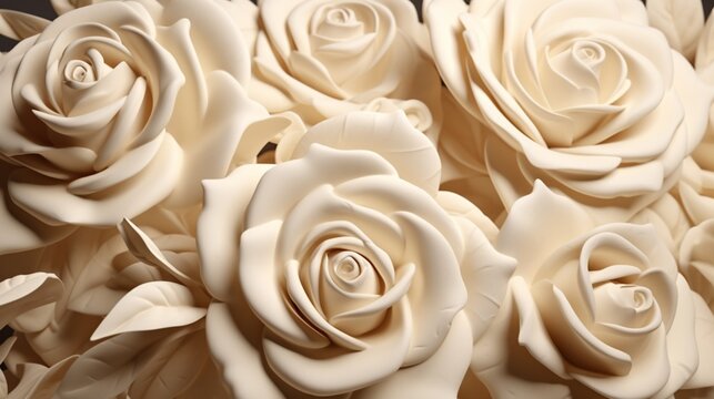 Deep carving cream roses flowers quicksand ivory background wallpaper image AI generated art