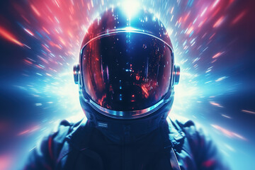 An astronaut portrait with bright rays as a hyperspace symbol, blue and purple lights blurred in zoom effect - obrazy, fototapety, plakaty