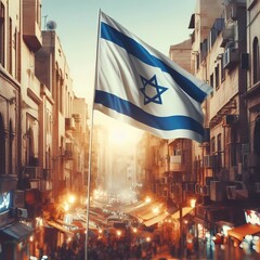 The Israeli Flag Waving over a Middle Eastern City, Cinematic, Judaism, Religion, Jerusalem