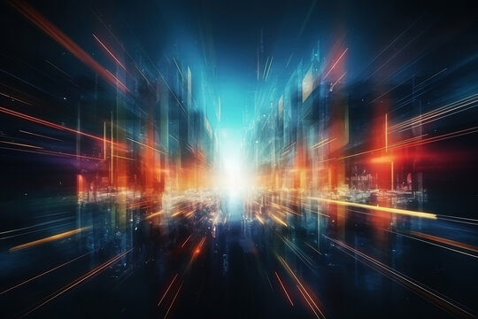 City lights, zoom effect, blurred motion. An abstract urban background