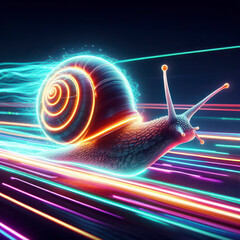 Fast snail racing with light trail, showing high speed on neon race track. ai generative - obrazy, fototapety, plakaty