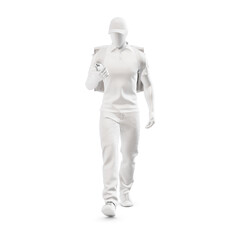 a image of a Delivery Male mannequin walking with Smartphone isolated on a white background