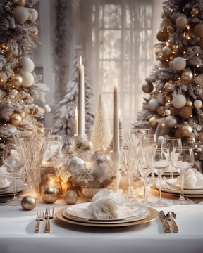 Glittering celebration: Cozy christmas dinner with sparkling candle lights and elegant decorations