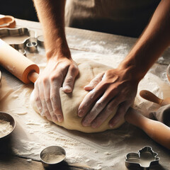 Photo of a person kneading dough on a table. ai generative