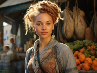 Portrait of a woman with braids in front of the market