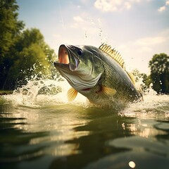 Fototapeta premium Def large mouth bass breaking wa biggest bass illustration picture AI generated art