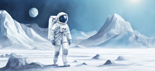 illustrazione di astronauta nella tuta spaziale che cammina sulla superficie diun pianeta ghiacciato