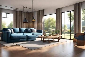 Modern contemporary living room,There are wooden floor furnished with fabric and wood furniture,There are large open window overlooking to garden view