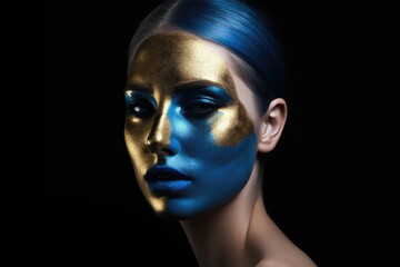 fashion portrait of a blue-skinned girl with golden make-up. Beautiful face. fashion and beauty.