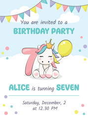 Birthday party invitation card with cute pony, balloon and number seven. Vector illustration