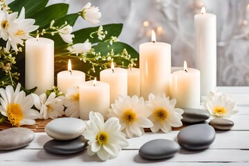 Fototapeta na wymiar Composition of flowers, candles and stones on white wooden background,