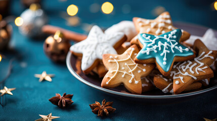 Fototapeta premium Christmas cookies on a plate against a blue background
