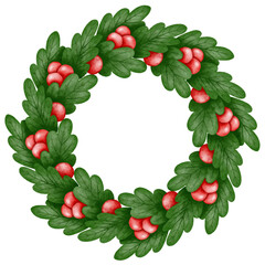 Merry Christmas with berry wreath watercolor. Christmas wreath winter floral