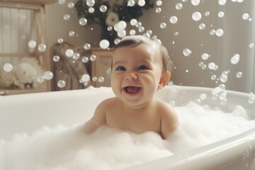 Naklejka premium Happy laughing baby takes a bath, playing with foam bubbles. Small child in the bath. Smiling baby in the bathroom. Washing and bathing babies. Hygiene and early childhood care. Generative AI
