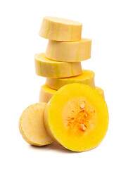 ripe orange pumpkins long and round on a white background. Autumn harvest of vegetables. Pumpkin slices. isolated