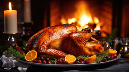 A golden roasted turkey garnished with rosemary, cranberries, and orange slices is presented on a platter, accompanied by wine, candles, and a festive setting.