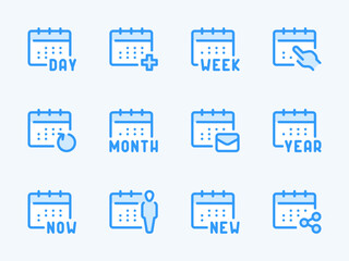 Calendar, Timetable and Date vector line icons. Schedule, Event and Appointment outline icon set. Day, Month, Week, Share, Restore, Notification and more.