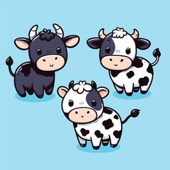 Set of three various cute Cows. Black and white colors. Hand drawn colored trendy Vector illustrations. Funny characters. Cartoon style. Isolated on blue background