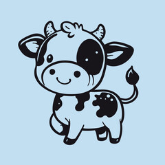 Set of three various cute Cows. Black and white colors. Hand drawn colored trendy Vector illustrations. Funny characters. Cartoon style. Isolated on blue background