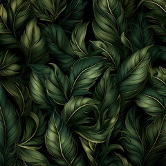 Tapeta z zielono złotymi egzotycznymi liśćmi. Ai generative