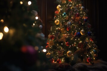 Fototapeta na wymiar Decorated Christmas tree on blurred background.