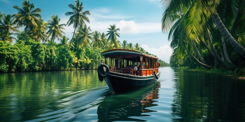 A boat on a river with palm trees in the background. - obrazy, fototapety, plakaty