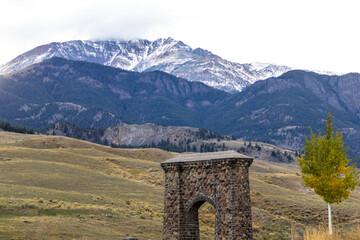 Roosevelt arch by the Yellowstone national park north entrance, Image shows the stone archway built...