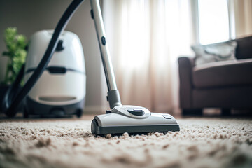 an electric vacuum cleaner on white carpet in living room